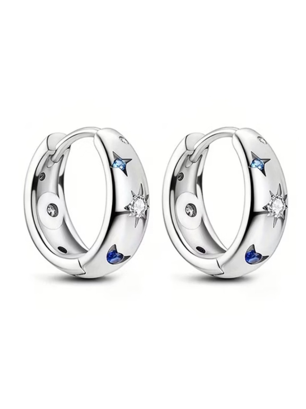 Silver Celestial Starburst Blue & Clear Gem Huggie Hoop Earrings